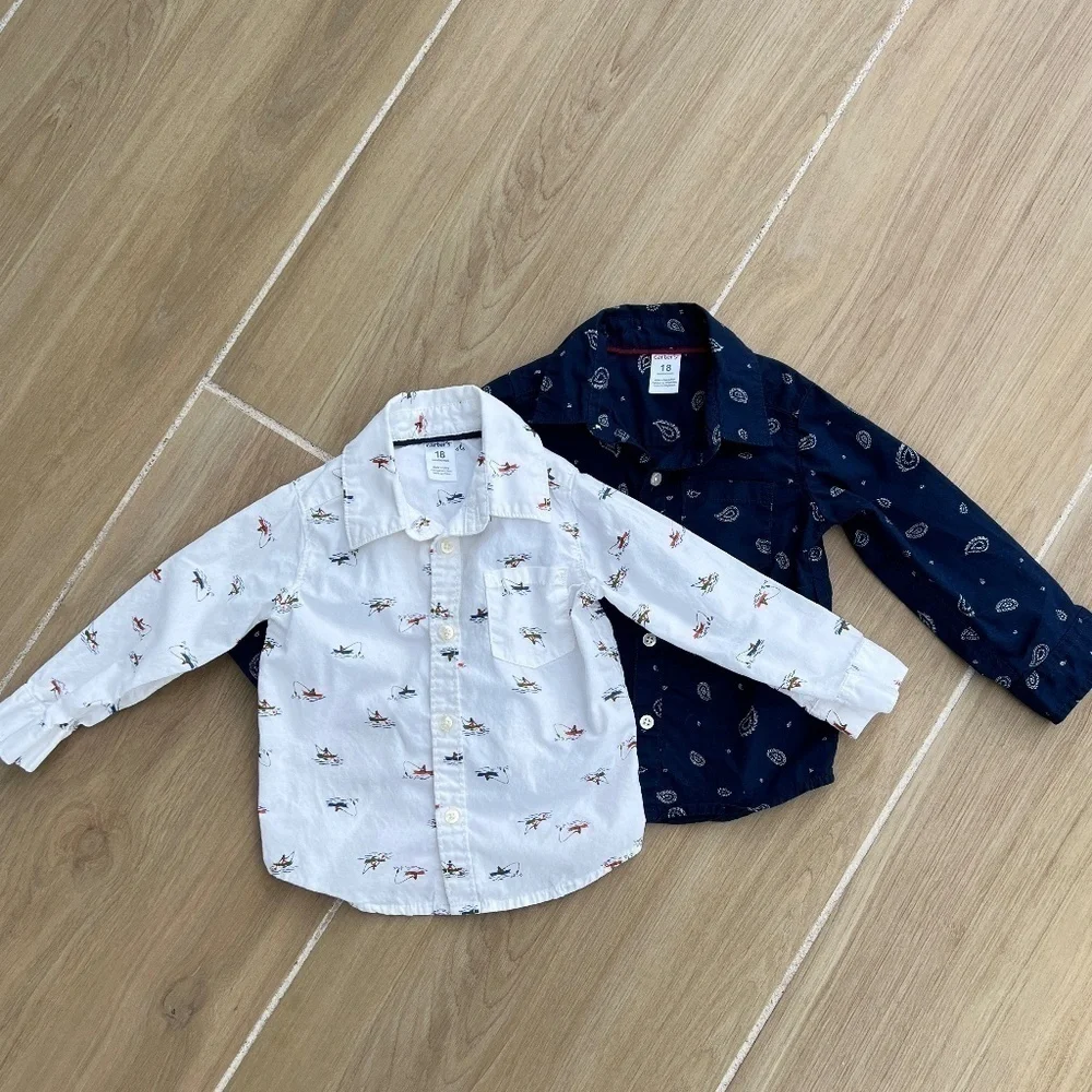 Carter's Size 18 Months Boys Button Down Shirt Bundle Navy & White Long Sleeves